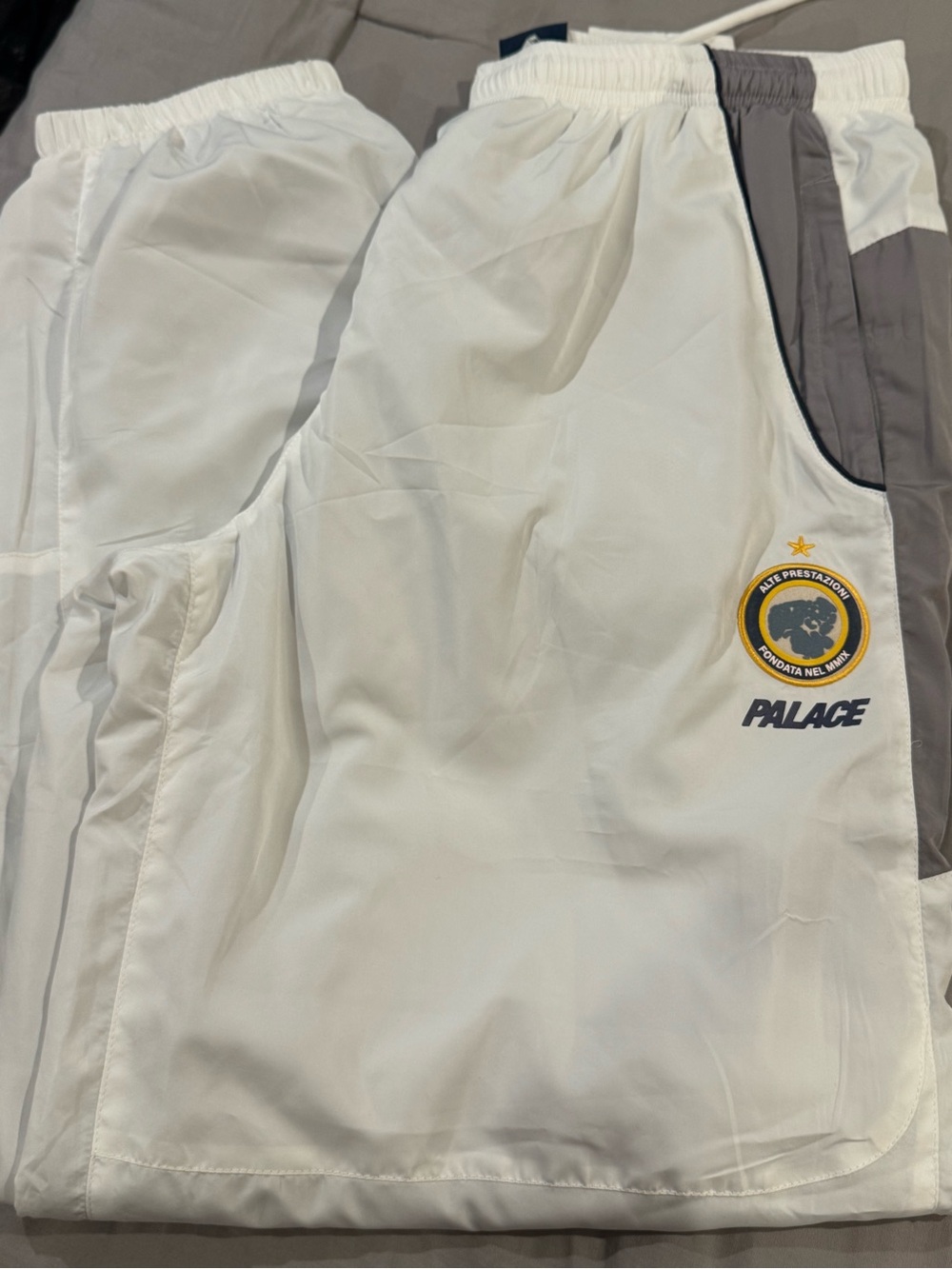 PALACE White Track Pants with Gray Side Panel & Crest Patch